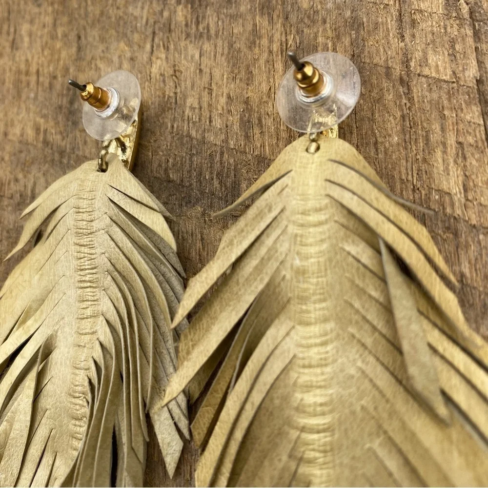 Faux Leather Beige Fringed Feather Earrings